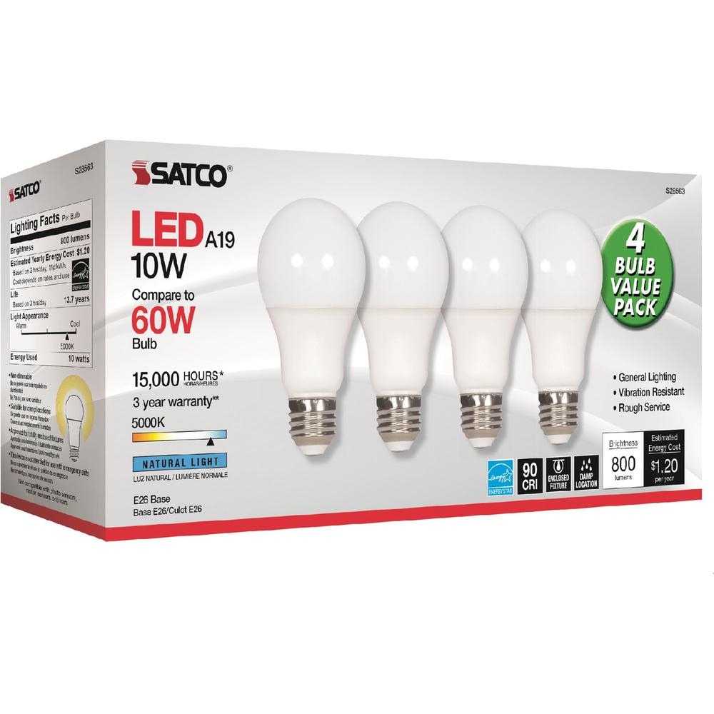 Satco 10W A19 LED 5000K Light Bulbs - 10 W - 60 W Incandescent Equivalent Wattage - 120 V AC - 800 lm - A19 Size - Frosted White - Natural Light Light Color - E26 Base - 15000 Hour - 8540.3&deg;F (472. Picture 1