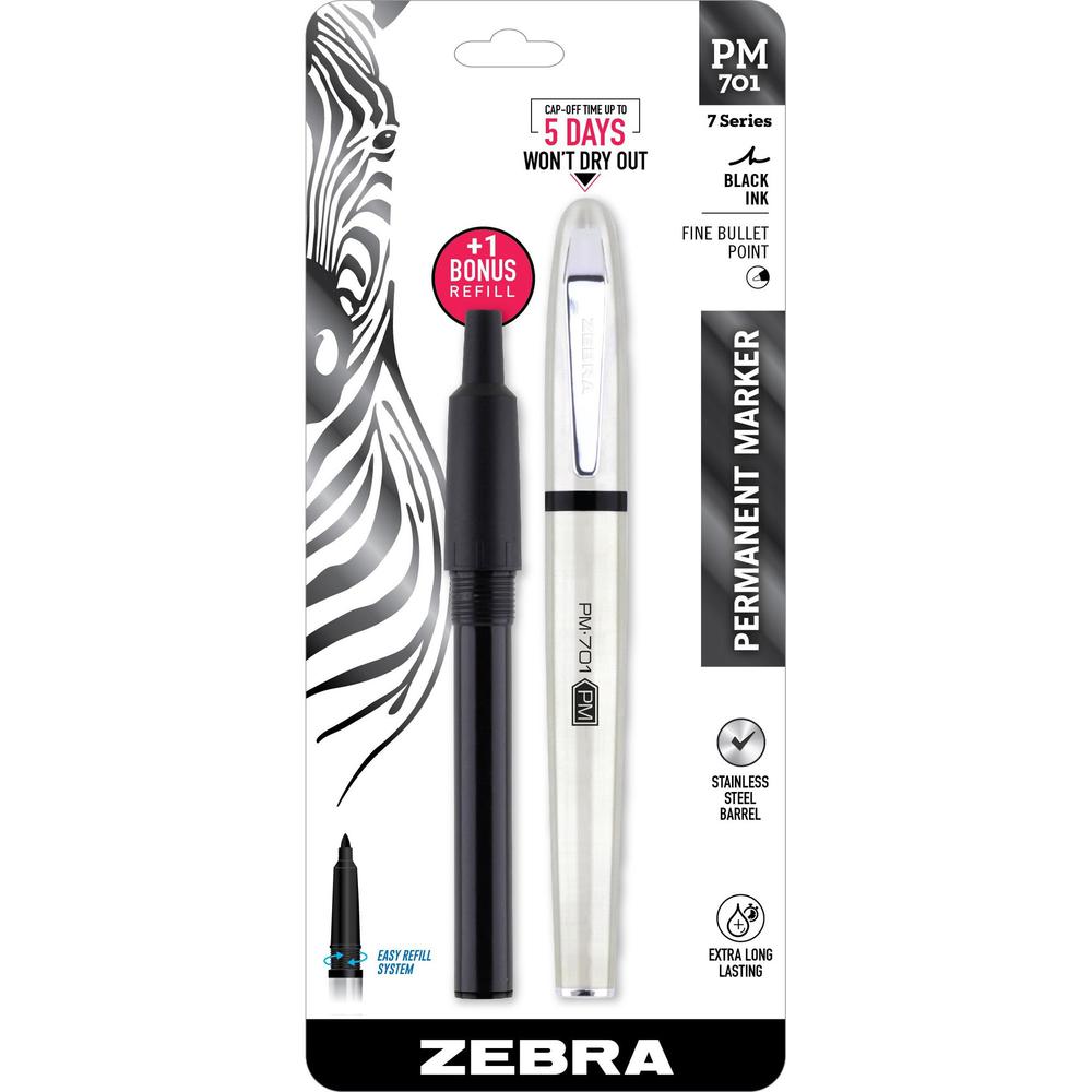 Zebra Pen Fine Bullet Tip PM-701 Permanent Marker - Fine Marker Point - Bullet Marker Point Style - Refillable - Black Alcohol Based Ink - Stainless Steel Stainless Steel Barrel - 1 / Pack. Picture 1