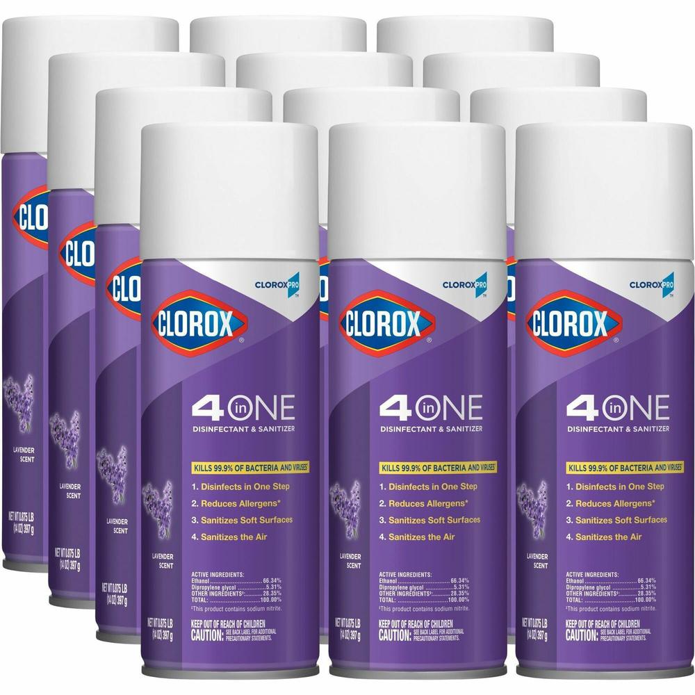 CloroxPro&trade; 4 in One Disinfectant & Sanitizer - Ready-To-Use Spray - 14 fl oz (0.4 quart) - Lavender Scent - 12 / Carton - Purple. Picture 1