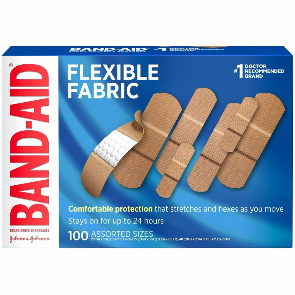 Band-Aid Flexible Fabric Adhesive Bandages - Assorted Sizes - 100/Box - Beige - Fabric. Picture 1