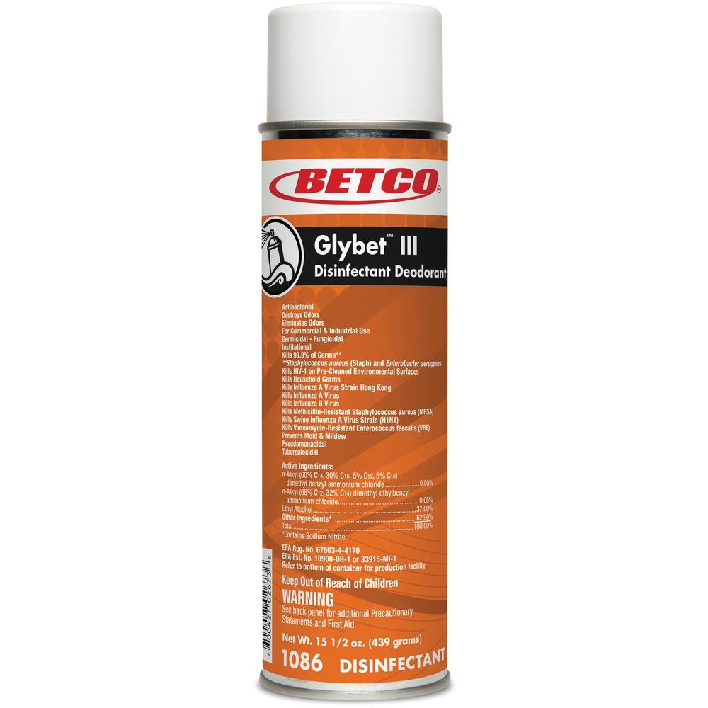 Betco Glybet III Disinfectant - Ready-To-Use Aerosol - 496 fl oz (15.5 quart) - Citrus Bouquet Scent - 12 / Carton - Clear. Picture 1