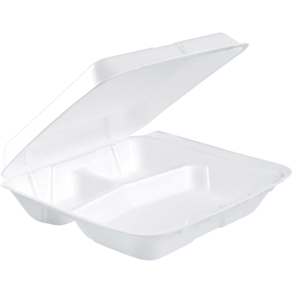Dart Insulated Foam 3-compartment Containers - External Dimensions: 8" Length x 7.5" Width x 2.3" Height - Stackable - Extruded Polystyrene - White - For Transportation, Food Storage - 200 / Carton. Picture 1