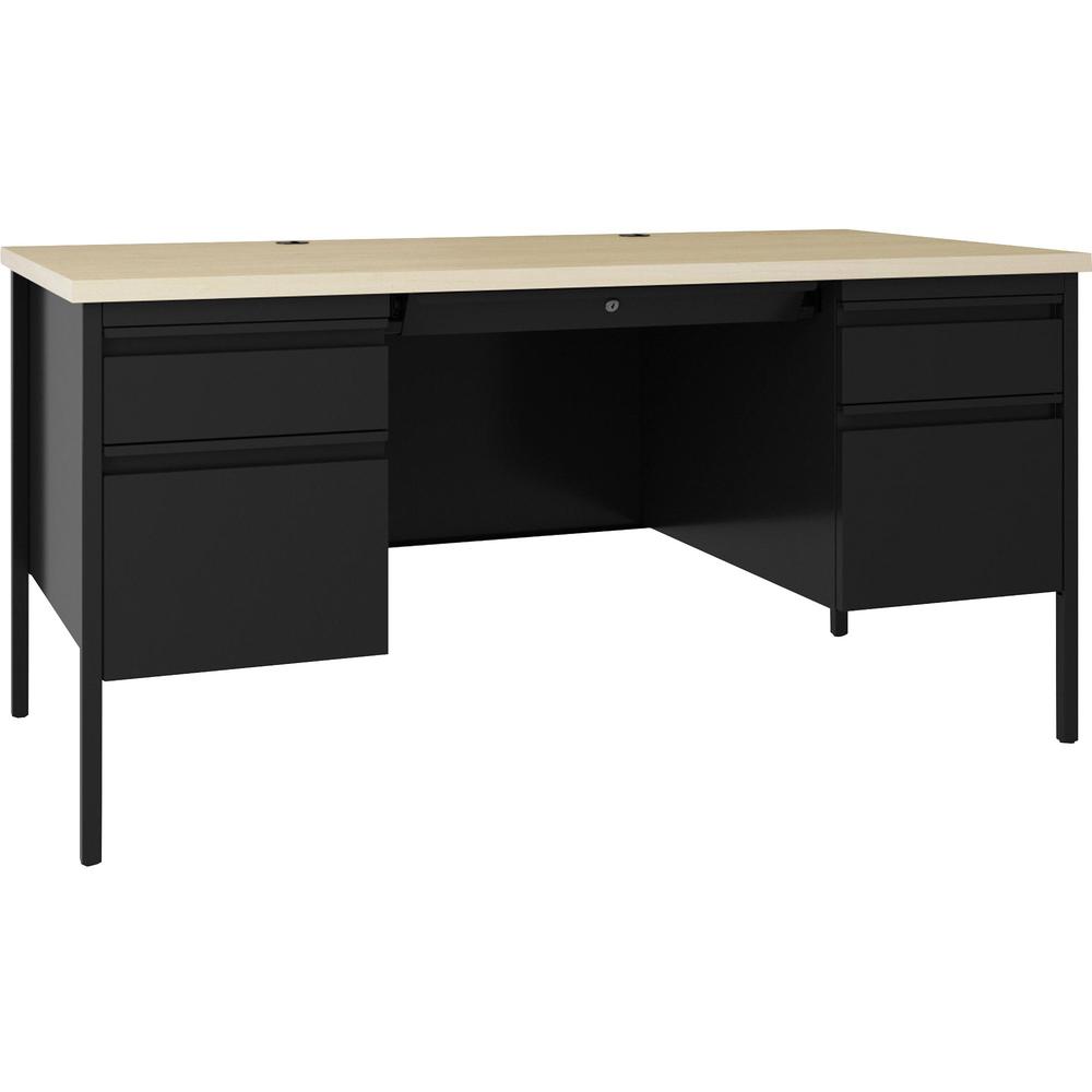 Lorell Fortress Series Double-Pedestal Desk - 60" x 29.5"30" , 1.1" Top, 0.8" Modesty Panel - File Drawer(s) - Double Pedestal - Square Edge - Material: Steel - Finish: Black. Picture 1