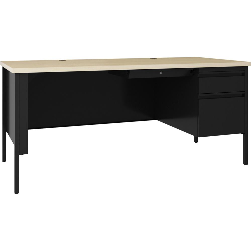 Lorell Fortress Series 66" Right-Pedestal Desk - 66" x 29.5"30" , 0.8" Modesty Panel, 1.1" Top - Single Pedestal on Right Side - Square Edge - Material: Steel - Finish: Black. Picture 1