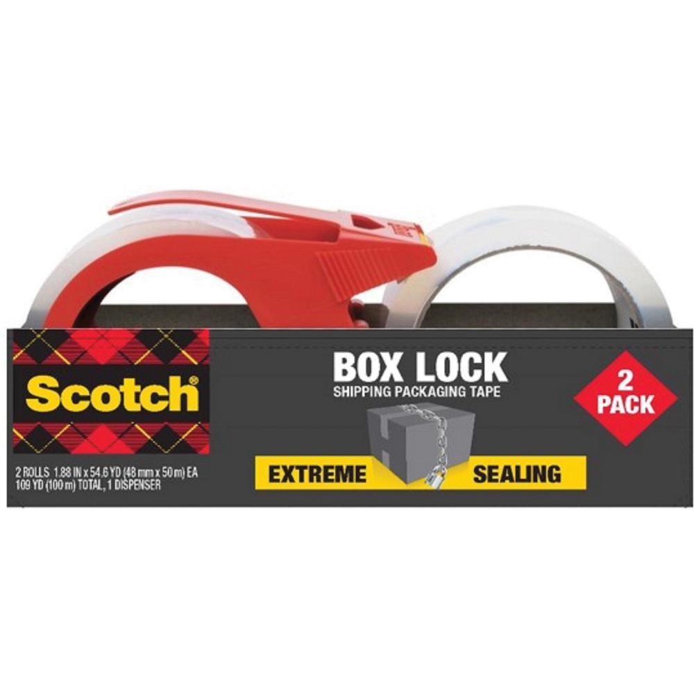 Scotch Box Lock Dispenser Packaging Tape - 55 yd Length x 1.88" Width - Dispenser Included - 2 / Pack - Clear. Picture 1