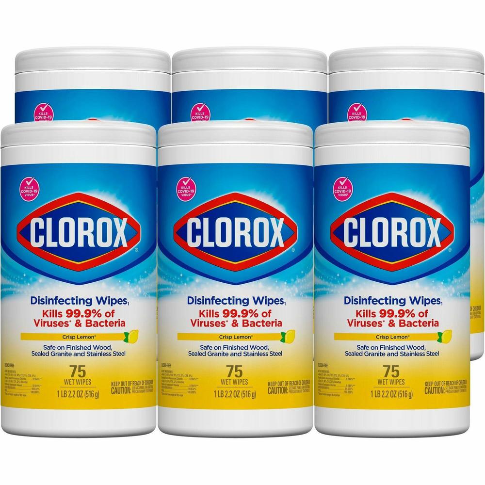 Clorox Disinfecting Cleaning Wipes Value Pack - Bleach-free - Ready-To-Use - Crisp Lemon Scent - 75 / Can - 6 / Carton - Anti-bacterial - White. Picture 1