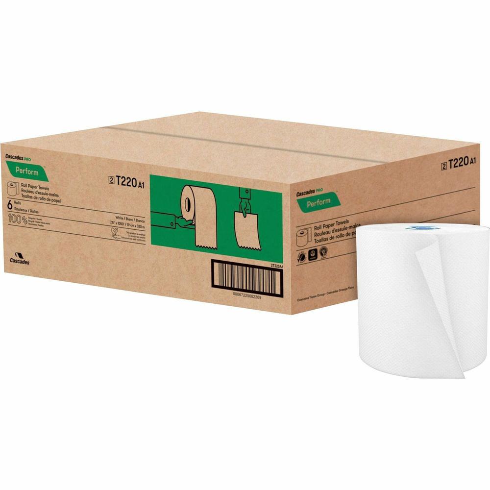Cascades Tandem Paper Towel - 1 Ply - 1.93" Core - White - 6 Rolls Per Container - 1 Carton. Picture 1