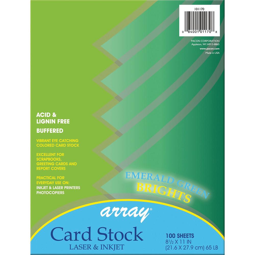 Pacon Color Brights Cardstock - Emerald Green - Letter - 8 1/2" x 11" - 65 lb Basis Weight - 100 / Pack - Acid-free, Recyclable, Lignin-free, Buffered - Emerald Green. Picture 1