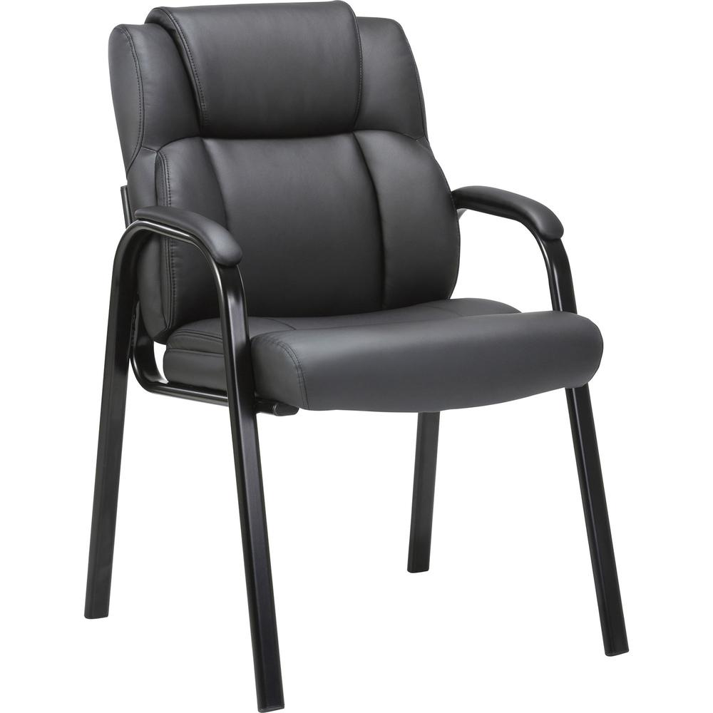 Lorell Low-back Cushioned Guest Chair - Black Bonded Leather Seat - Black Bonded Leather Back - Powder Coated Steel Frame - High Back - Four-legged Base - Armrest - 1 Each. Picture 1