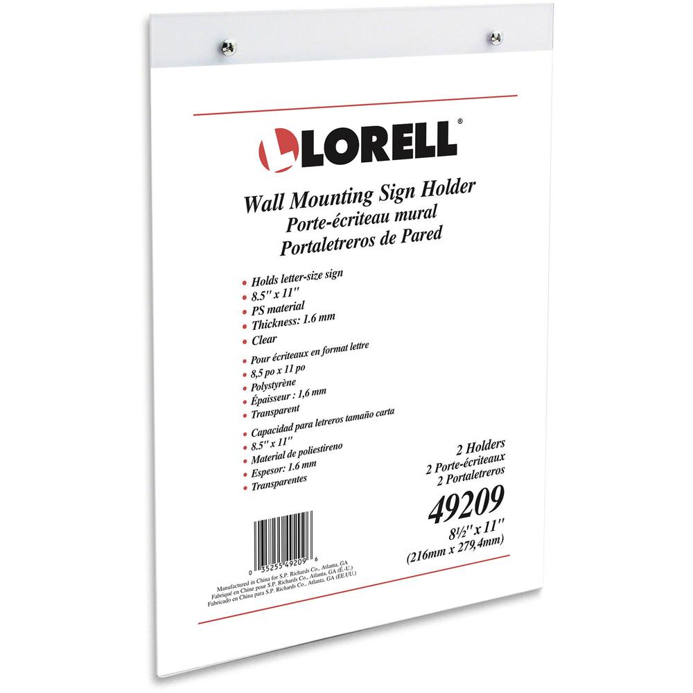 Lorell Wall-Mounted Sign Holders - Support 8.50" x 11" Media - Acrylic - 2 / Pack - Clear. Picture 1