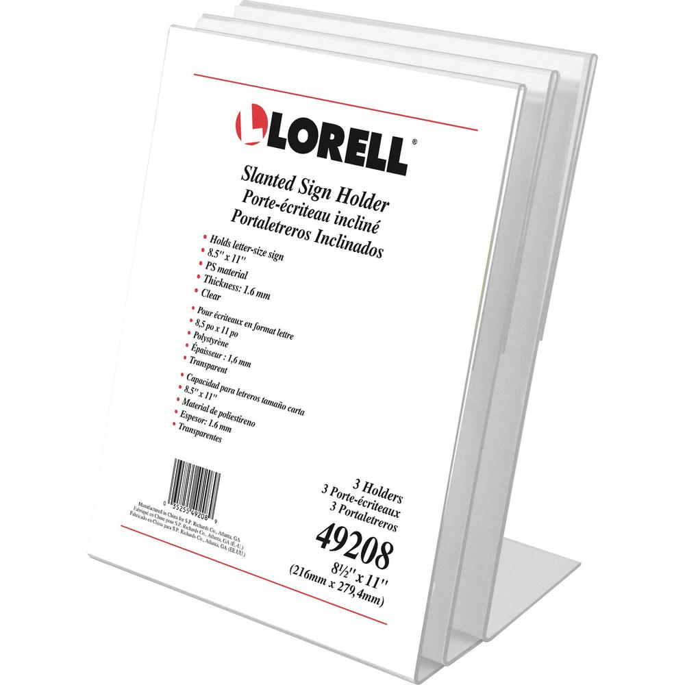 Lorell L-base Slanted Sign Holder Stand - Support 8.50" x 11" Media - Acrylic - 3 / Pack - Clear. Picture 1