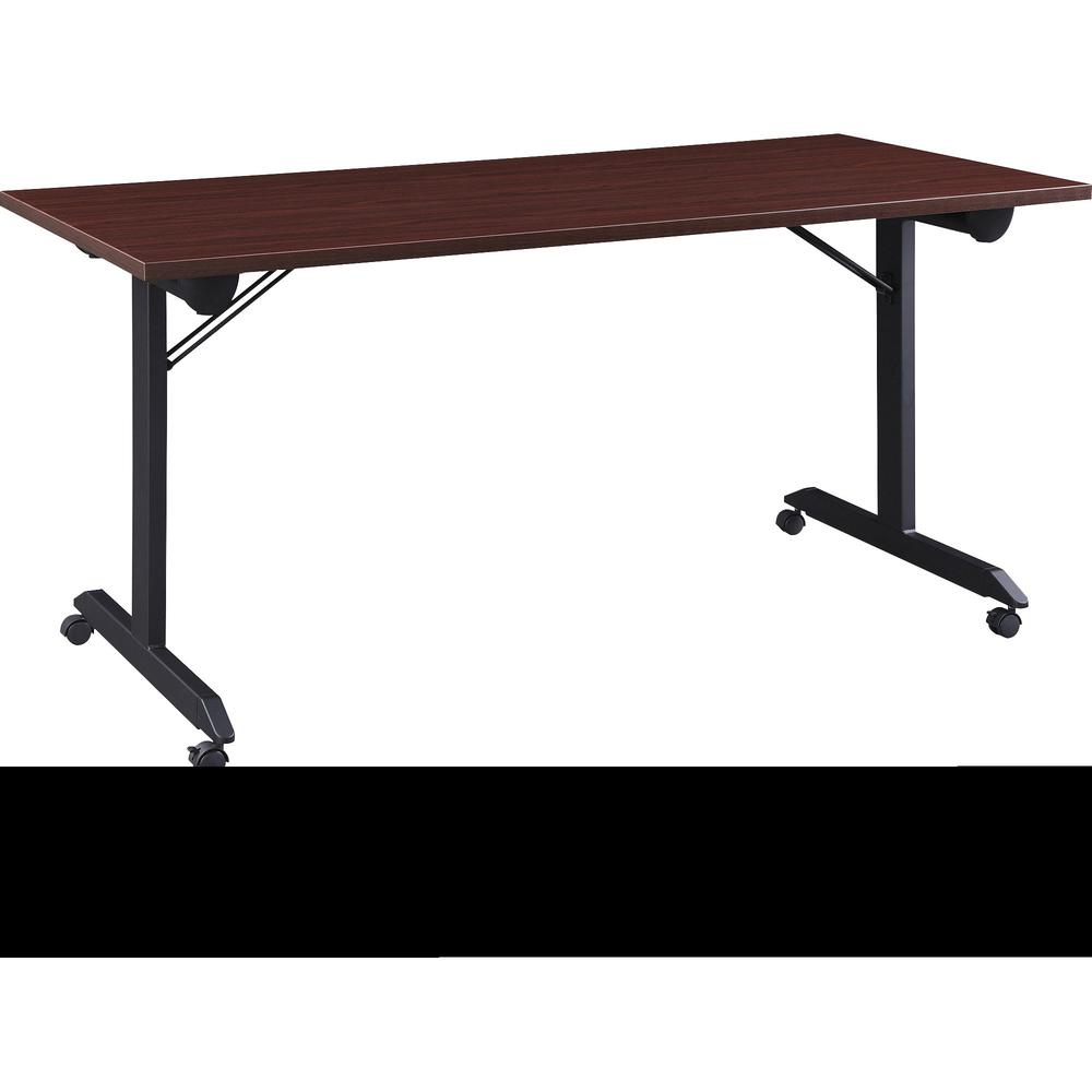Lorell Mobile Folding Training Table - Rectangle Top - Powder Coated Base - 200 lb Capacity x 63" Table Top Width - 29.50" Height x 63" Width x 29.50" Depth - Assembly Required - Brown - Laminate Top . Picture 1