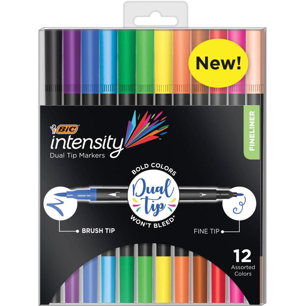 BIC Fineliner 2-in-1 Dual Tip Markers - Fine, Broad Marker Point - Assorted Water Based Ink - 12 / Pack. The main picture.