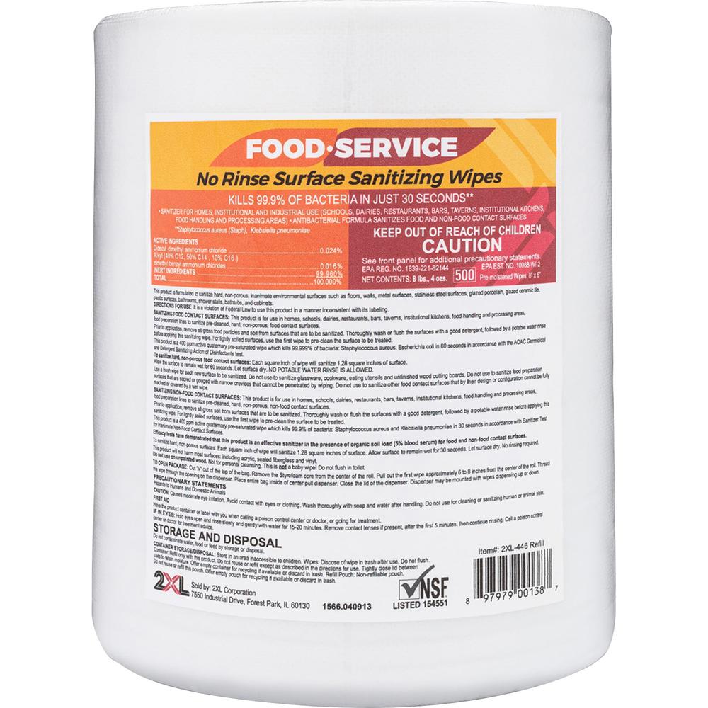 2XL No Rinse Foodservice Sanitizing Wipes - 6" x 8" - White - Alcohol-free, Phenol-free, Bleach-free, Ammonia-free, Non-toxic, Non-irritating - For Food Service - 500 / Roll. Picture 1