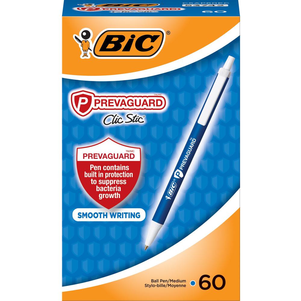 BIC PrevaGuard Clic Stic Antimicrobial Pens - Medium Pen Point - 1 mm Pen Point Size - Retractable - Blue - 60 / Box. Picture 1