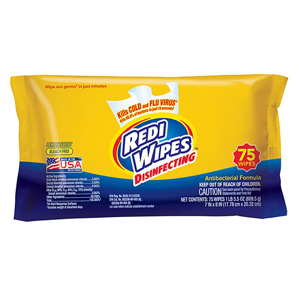 U.S. Nonwovens Disinfecting Redi Wipes - Wipe - Lemon Scent - 7" Width x 8" Length - 75 / Pack - 12 / Carton - Yellow. Picture 1