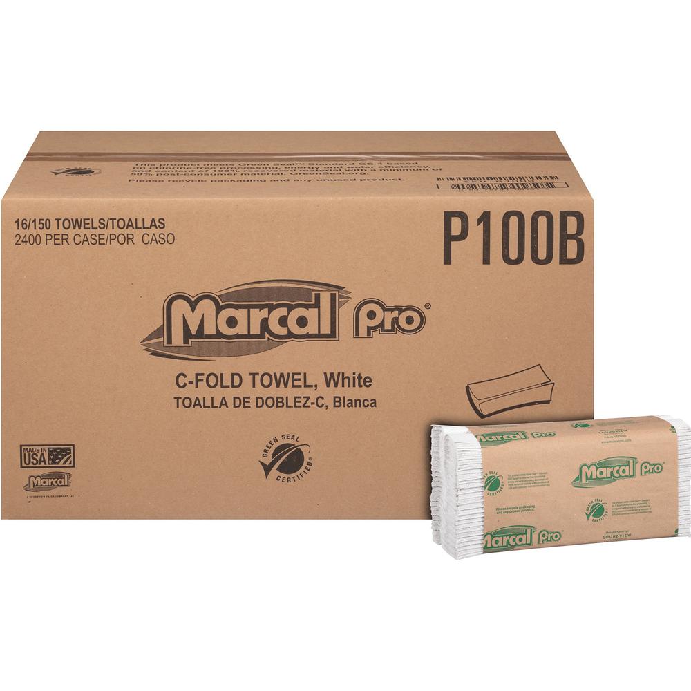 Marcal Recycled Center-Fold Paper Towels - 1 Ply - C-fold - 12.87" x 10.12" - 150 Sheets/Roll - White - Paper - 150 Per Bundle - 16 / Carton. Picture 1