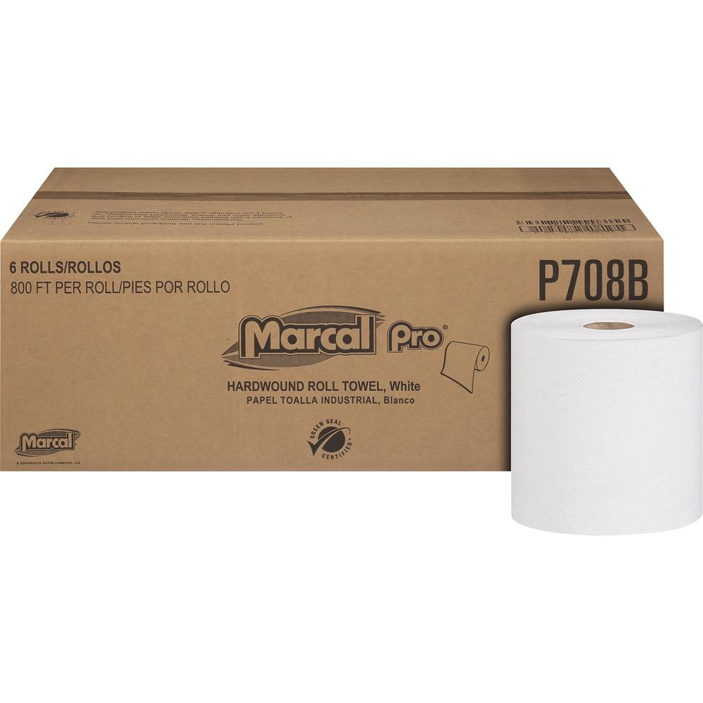 Marcal Hardwound Roll Towel - 1 Ply - 7.87" x 800 ft - White - Paper - 6 / Carton. Picture 1
