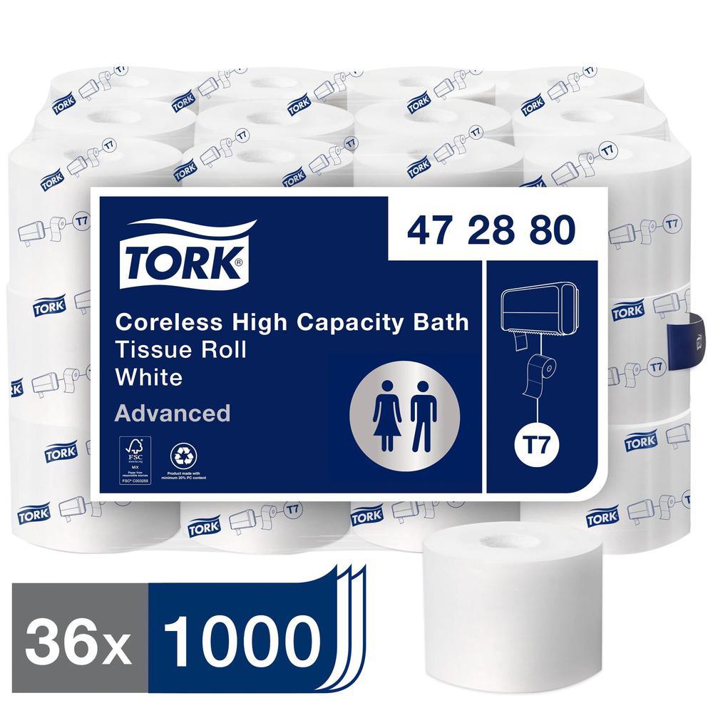 TORK Advanced Coreless High Capacity Bath Tissue - 2 Ply4" - 1000 Sheets/Roll - 4.75" Roll Diameter - White - Coreless - For Bathroom, Washroom - 1000 / Roll. Picture 1
