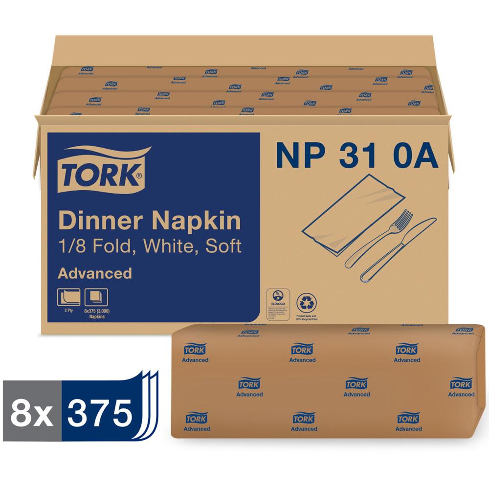 Tork White Dinner Napkin - Tork White Dinner Napkin, Advanced, 1/8 Fold 2-ply, 8 x 375 napkins, 15" x 16.25" , NP310A. Picture 1