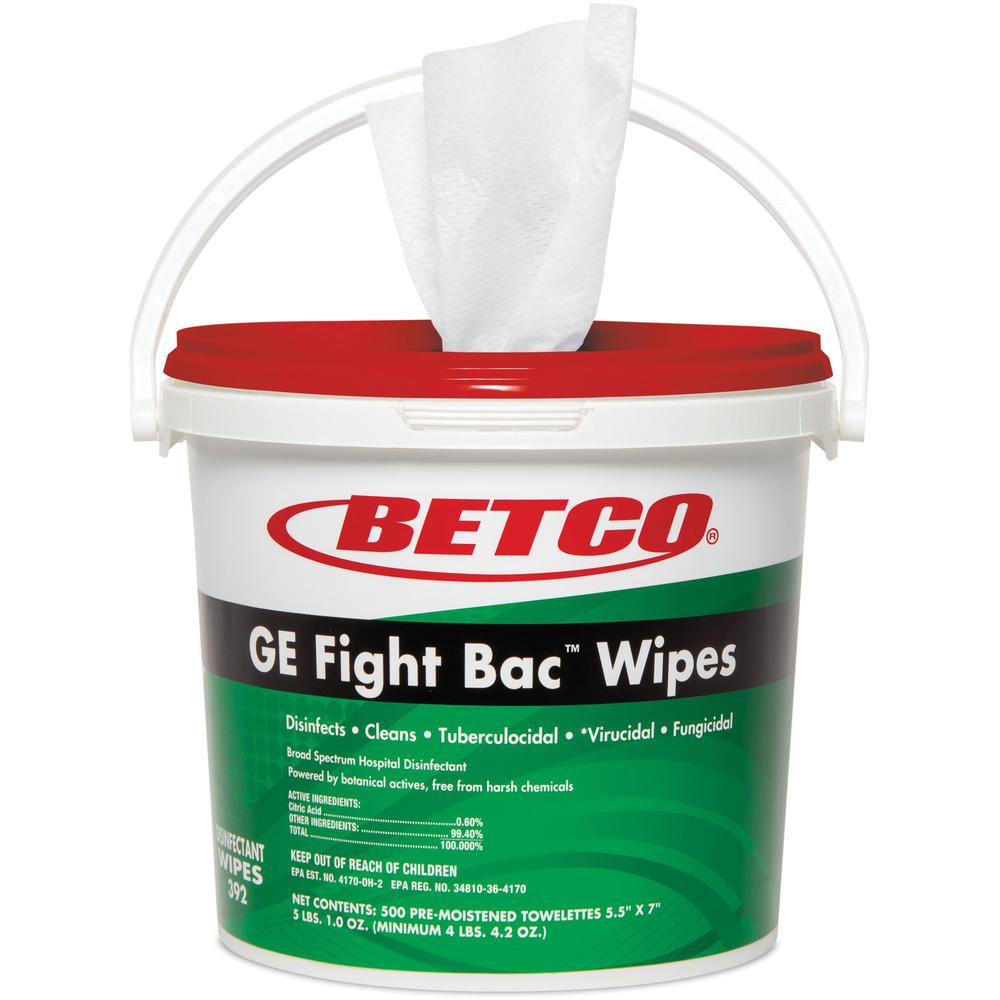 Betco GE Fight Bac Disinfectant Wipes - 5.50" Width x 7" Length - 500 / Tub - 1 Each - White. Picture 1