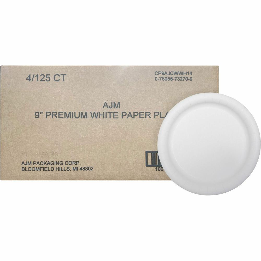 AJM 9" Dinnerware Paper Plates - Disposable - 9" Diameter - White - Paper Body - 125 / Pack. Picture 1