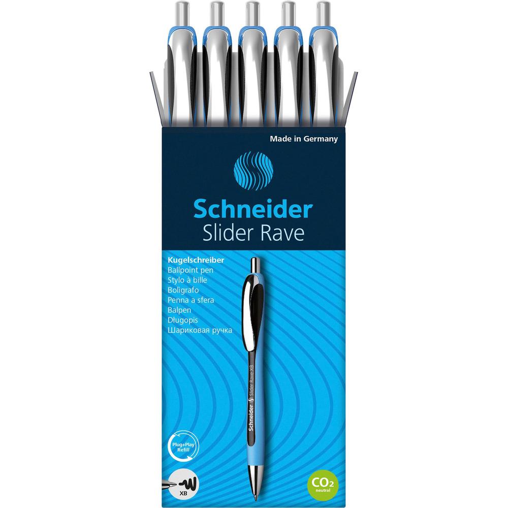Schneider Slider Rave XB Ballpoint Pen - Extra Broad Pen Point - 1.4 mm Pen Point Size - Retractable - Black - Black Rubberized, Light Blue Barrel - Stainless Steel Tip - 5 / Pack. Picture 1