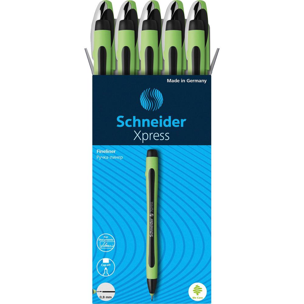 Schneider Xpress Fineliner Pen - Medium Pen Point - 0.8 mm Pen Point Size - Black - Black Rubberized, Green Barrel - Stainless Steel Tip - 10 / Pack. Picture 1