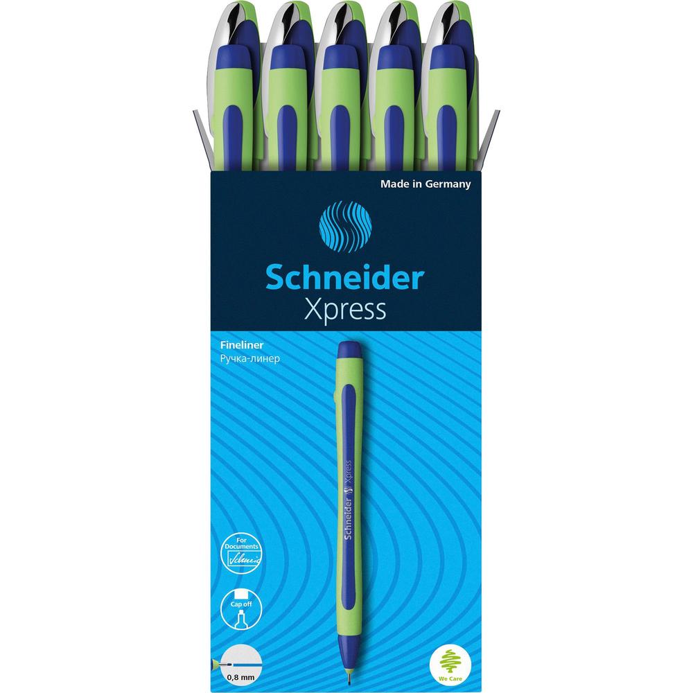 Schneider Xpress Fineliner Pen - Medium Pen Point - 0.8 mm Pen Point Size - Blue - Blue Rubberized, Green Barrel - Stainless Steel Tip - 10 / Pack. Picture 1