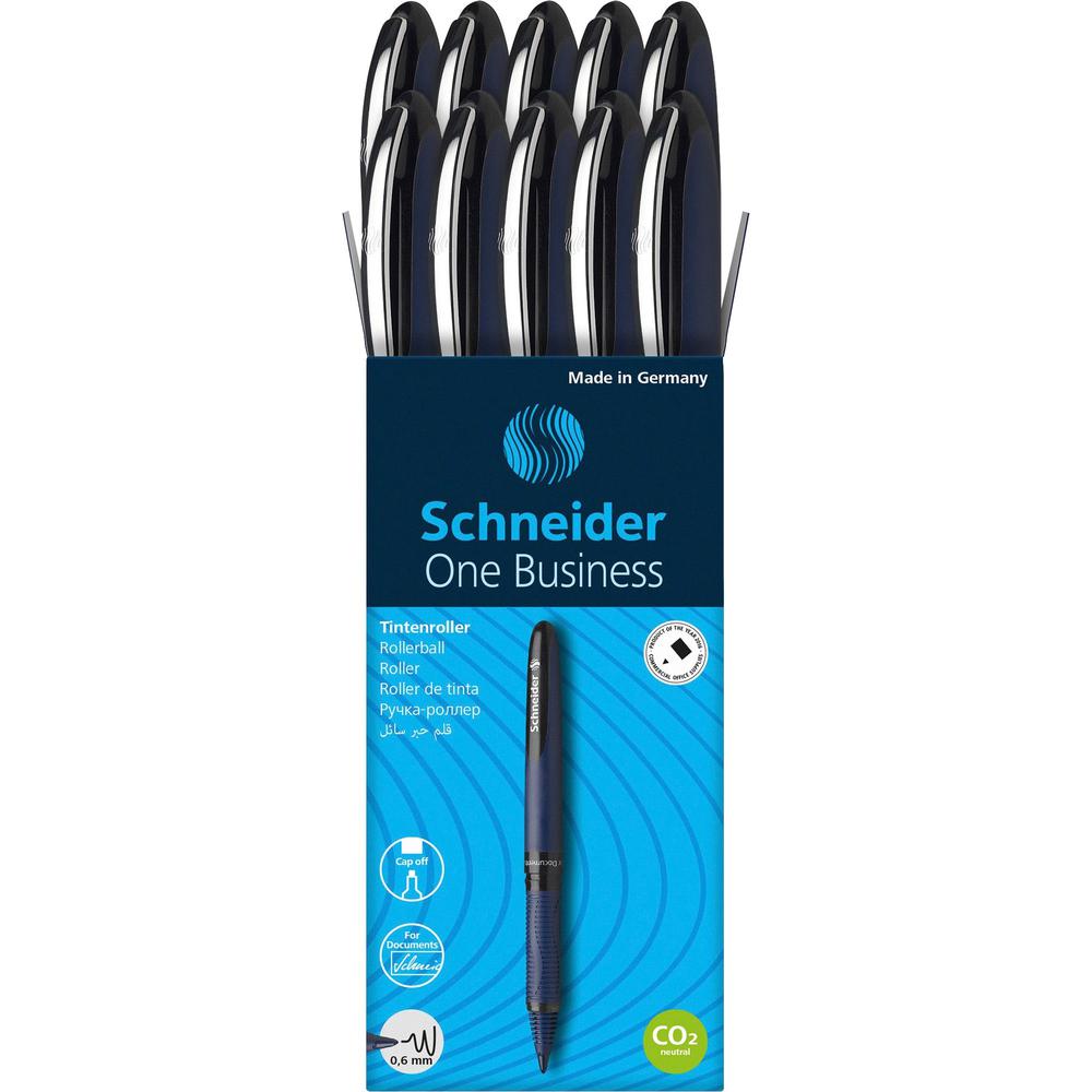 Schneider One Business Rollerball - Medium Pen Point - 0.6 mm Pen Point Size - Black - Black, Dark Blue Barrel - 10 / Pack. Picture 1
