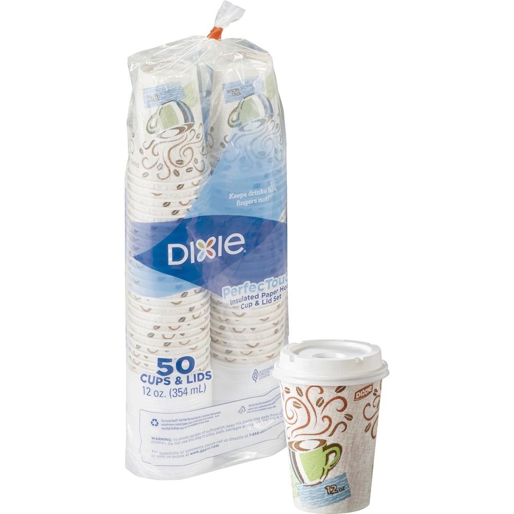 Dixie PerfecTouch 12 oz Hot Coffee Cup and Lid Sets by GP Pro - 50 / Pack - White - Paper - Hot Drink, Coffee, Beverage. Picture 1