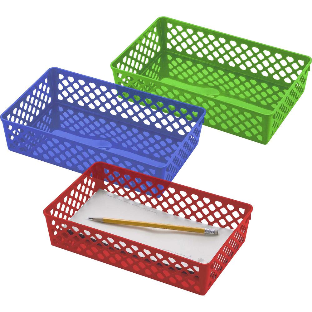 Officemate Achieva&reg; Large Supply Basket, Assorted Colors, 3/PK - 2.4" Height x 10.6" Width x 6.1" Depth - Compact, Stackable, Storage Space, Sturdy, Heavy Duty - Blue, Green, Red - Plastic - 3 / P. Picture 1