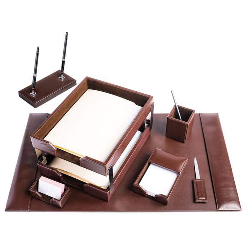 Dacasso Dark Brown Bonded Leather 9-Piece Desk Set - Leather, Velveteen - Dark Brown - 1 Each. Picture 1