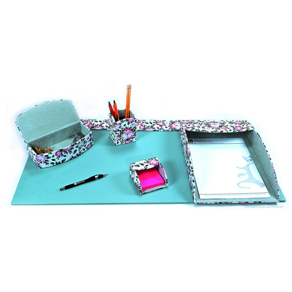 Dacasso Home/Office Leather 5Pc Desk Accessory Set - Floral White - Velveteen, PU Leather - Floral White - 1 Each. Picture 1