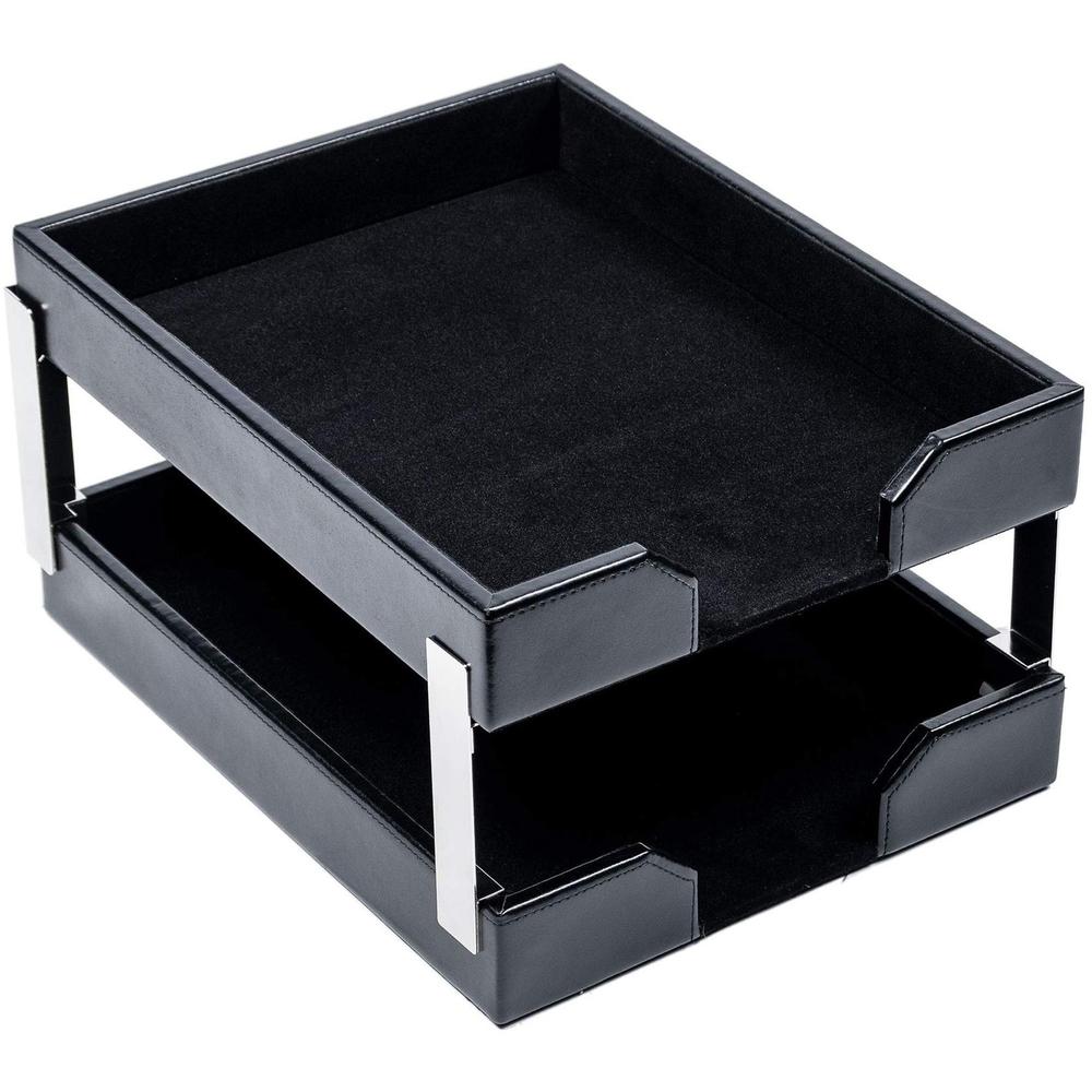 Dacasso Black Bonded Leather Double Letter Trays - Desktop - Bonded Leather, Velveteen - 1 Each. The main picture.