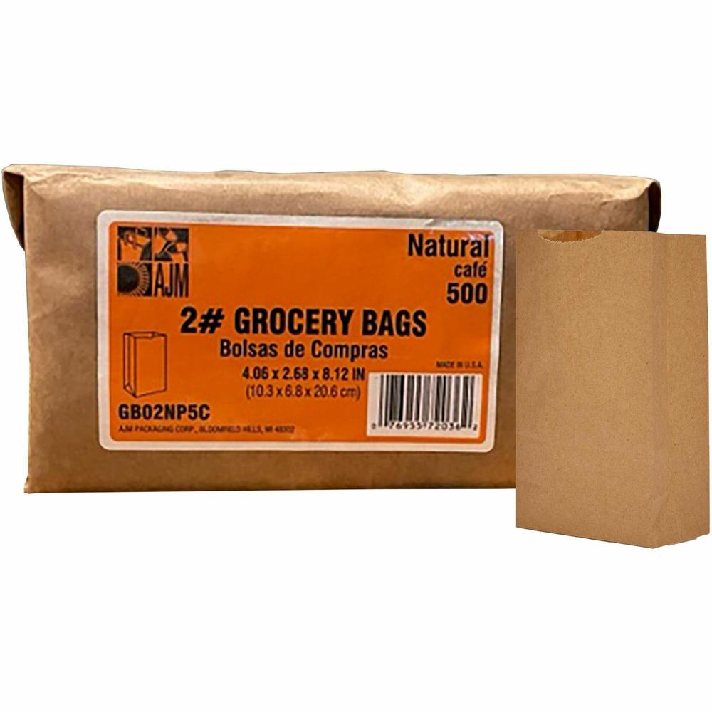 AJM Kraft Grocery Bags - 4.30" Width x 2.40" Length - Brown - Kraft Paper - 500/Pack - Grocery, Food, Sandwich, Vegetables, Grain - Recycled. Picture 1