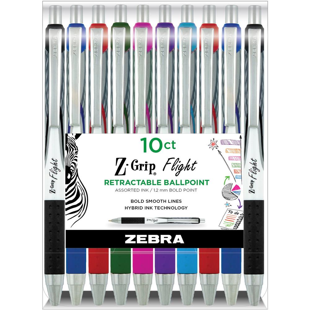 Zebra Pen Z-Grip Flight Retractable Pens - Bold Pen Point - 1.2 mm Pen Point Size - Retractable - Multi Gel-based Ink - Assorted Plastic Barrel - 10 / Pack. Picture 1