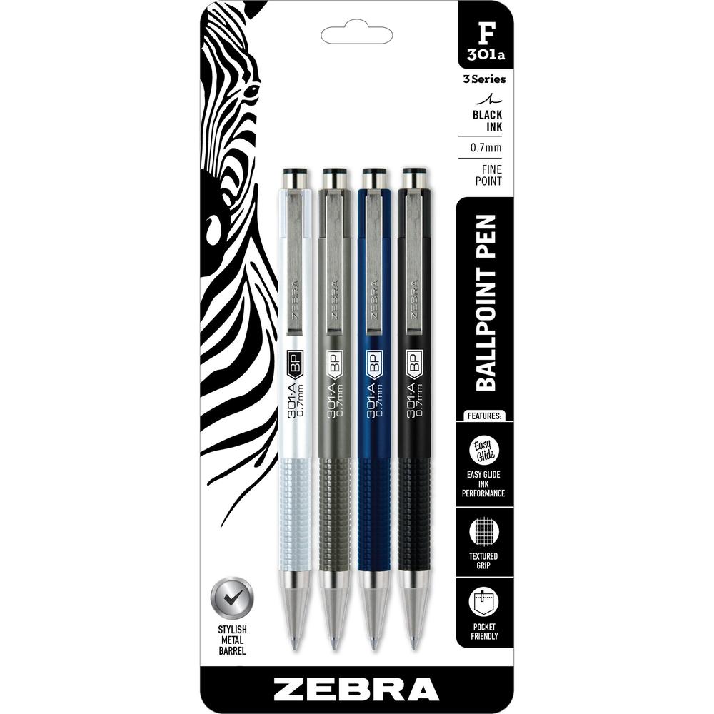 Zebra Pen STEEL 3 Series F-301A Retractable Ballpoint Pen - Fine Pen Point - 0.7 mm Pen Point Size - Retractable - Black - Silver Aluminum, Gray, Navy, Black Barrel - 4 / Pack. Picture 1