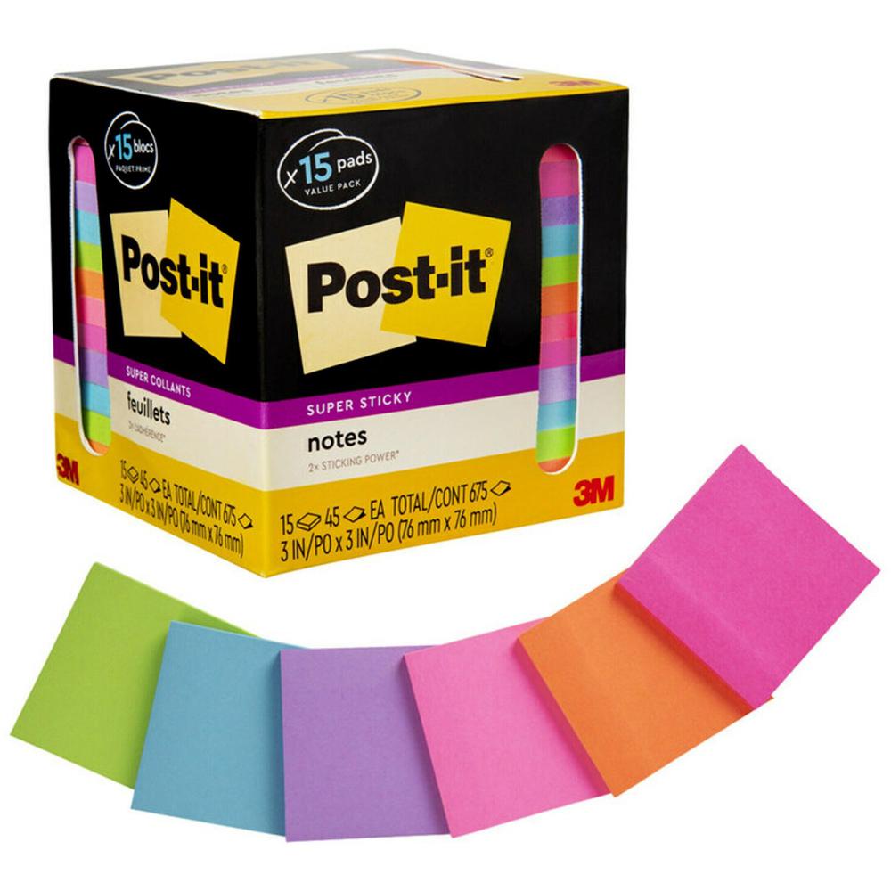 Post-it&reg; Super Sticky Notes - 15 - 3" x 3" - Square - 45 Sheets per Pad - Neon Orange, Tropical Pink, Power Pink, Iris, Blue Paradise, Neon Green Limeade - Adhesive, Recyclable - 15 / Pack. Picture 1