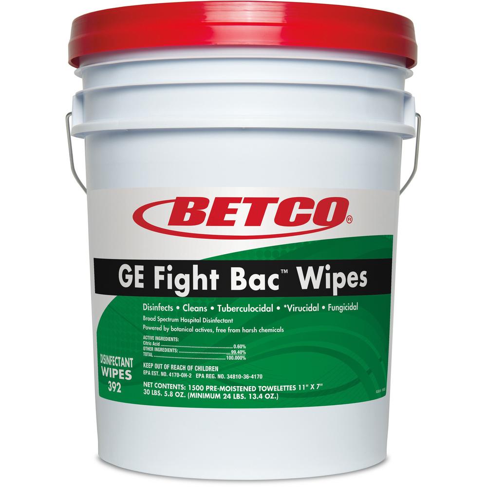 Betco GE Fight Bac Disinfectant Wipes - 7" Length x 11" Width - 1500 / Bucket - 1 Each - Non-irritating, Disinfectant - White. Picture 1