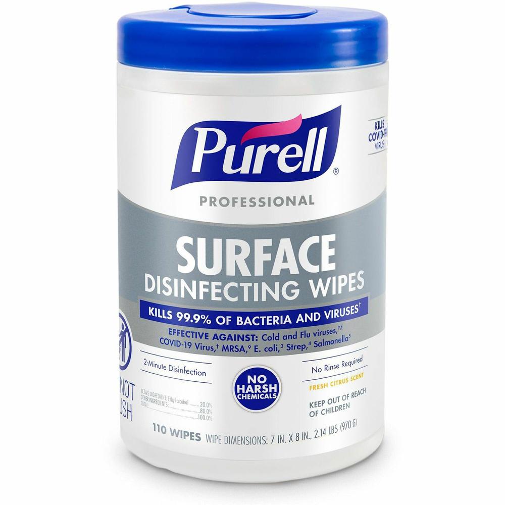 PURELL&reg; Professional Surface Disinfecting Wipes - Ready-To-Use - Fresh Citrus Scent - 8" Length x 7" Width - 110 / Canister - 1 Each - Disinfectant, Odor-free, Rinse-free, Durable, Chemical-free. Picture 1