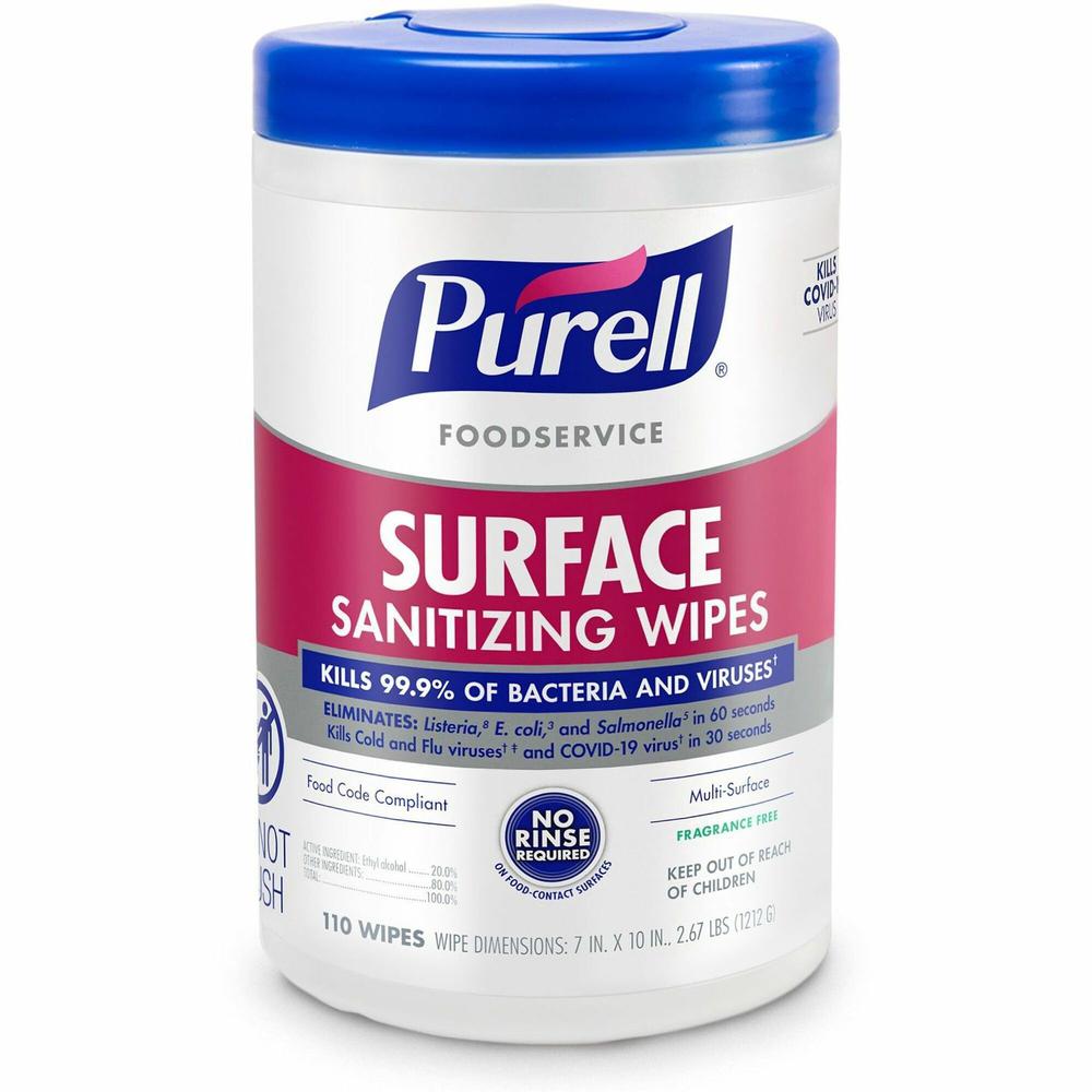 PURELL&reg; Foodservice Surface Sanitizing Wipes - Ready-To-Use - 10" Length x 7" Width - 110 / Canister - 1 Each - Rinse-free, Fragrance-free, Durable. Picture 1