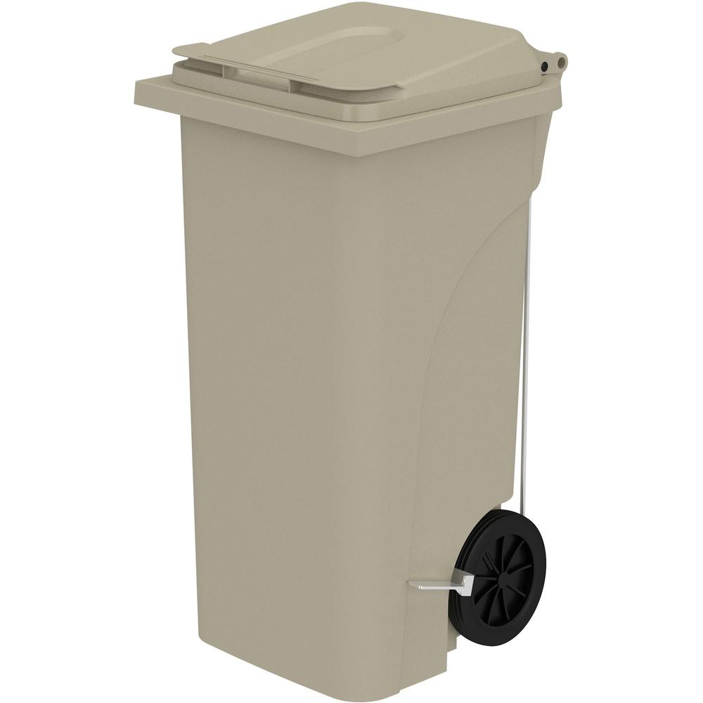 Safco 32 Gallon Plastic Step-On Receptacle - 32 gal Capacity - Foot Pedal, Lightweight, Easy to Clean, Handle, Wheels, Mobility - 37" Height x 21.3" Width x 20" Depth - Plastic - Tan - 1 Carton. Picture 1