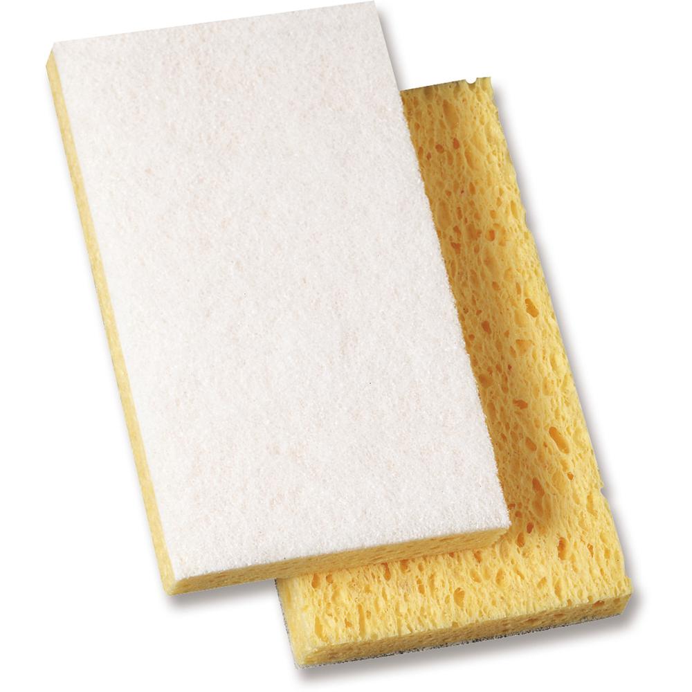 Genuine Joe Light-Duty Sponge Scrubber - 6.1" Width x 3.6" Length - 20/Carton - Cellulose - White, Yellow. Picture 1