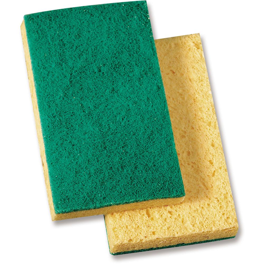 Genuine Joe Medium-Duty Sponge Scrubber - 3.5" Width x 3.5" Depth - 20/Carton - Cellulose - Green, Yellow. Picture 1