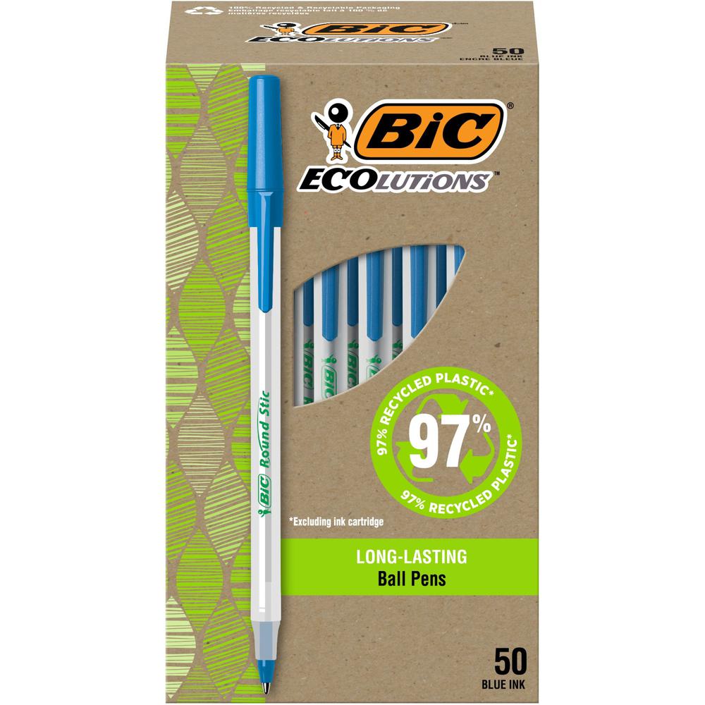 BIC Ecolutions Round Stic Ball Point Pen - 1 mm Pen Point Size - Blue - Semi Clear Barrel - 50 Pack. Picture 1