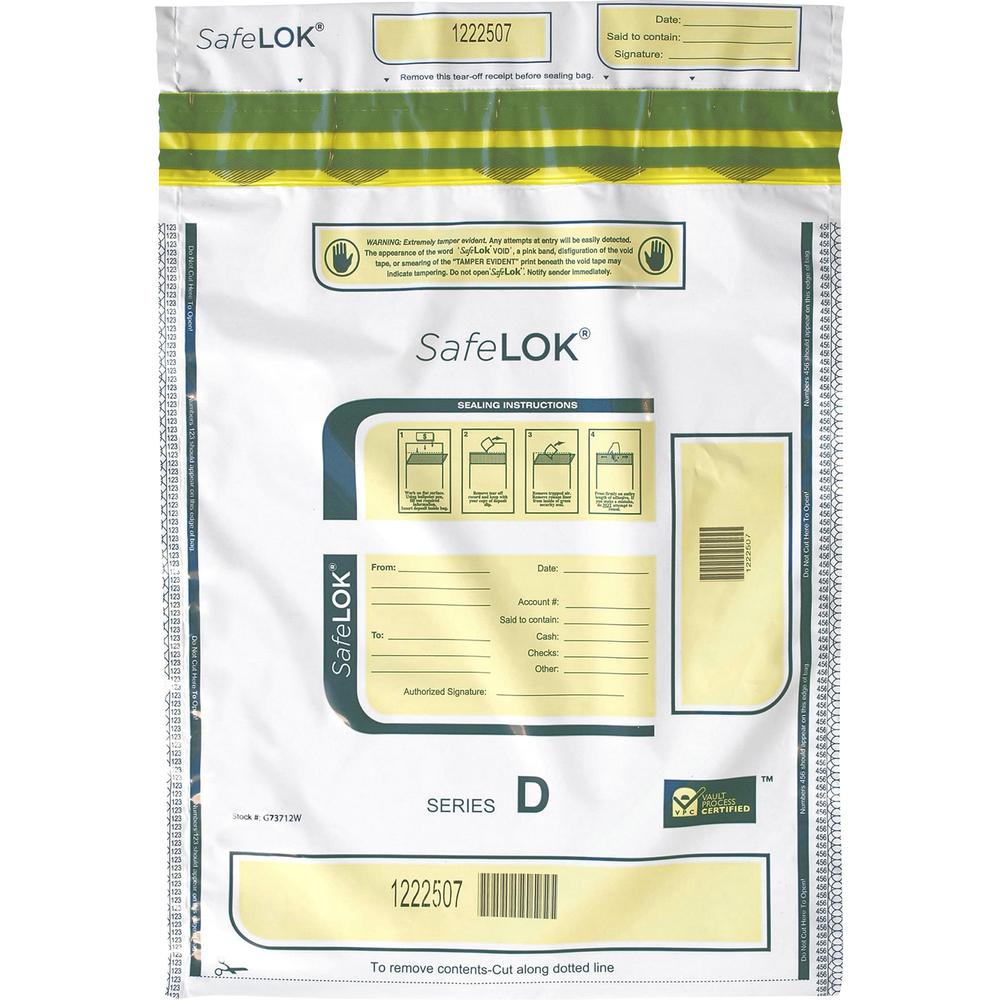 ControlTek SafeLOK Tamper-Evident Deposit Bags - 12" Width x 16" Length - Seal Closure - White - 100/Pack - Cash, Deposit, Note, Bill. Picture 1