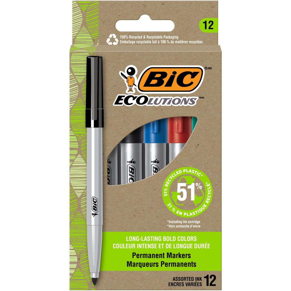 BIC Ecolutions Permanent Marker - 4.2 mm Marker Point Size - Bullet Marker Point Style - Blue, Green, Black, Red - 12 Pack. Picture 1