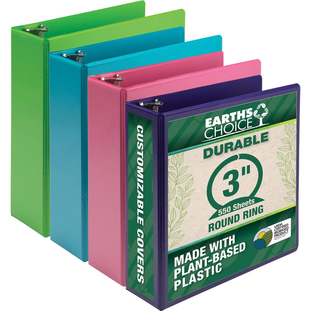Samsill Earthchoice Durable View Binder - 3" Binder Capacity - Letter - 8 1/2" x 11" Sheet Size - 550 Sheet Capacity - 3" Ring - 3 x Round Ring Fastener(s) - 2 Internal Pocket(s) - Chipboard - Assorte. Picture 1