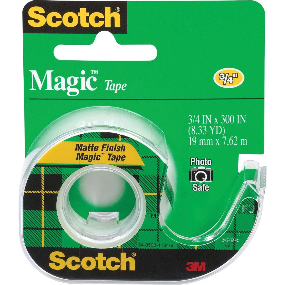Scotch Magic Matte Finish Tape - 25 ft Length x 0.75" Width - 1" Core - Adhesive Backing - Dispenser Included - Handheld Dispenser - 12 / Box - Clear. Picture 1